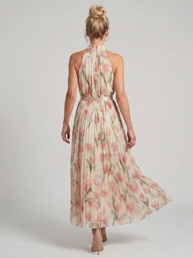 Aurelle | Bloemen midi-jurk met halternek