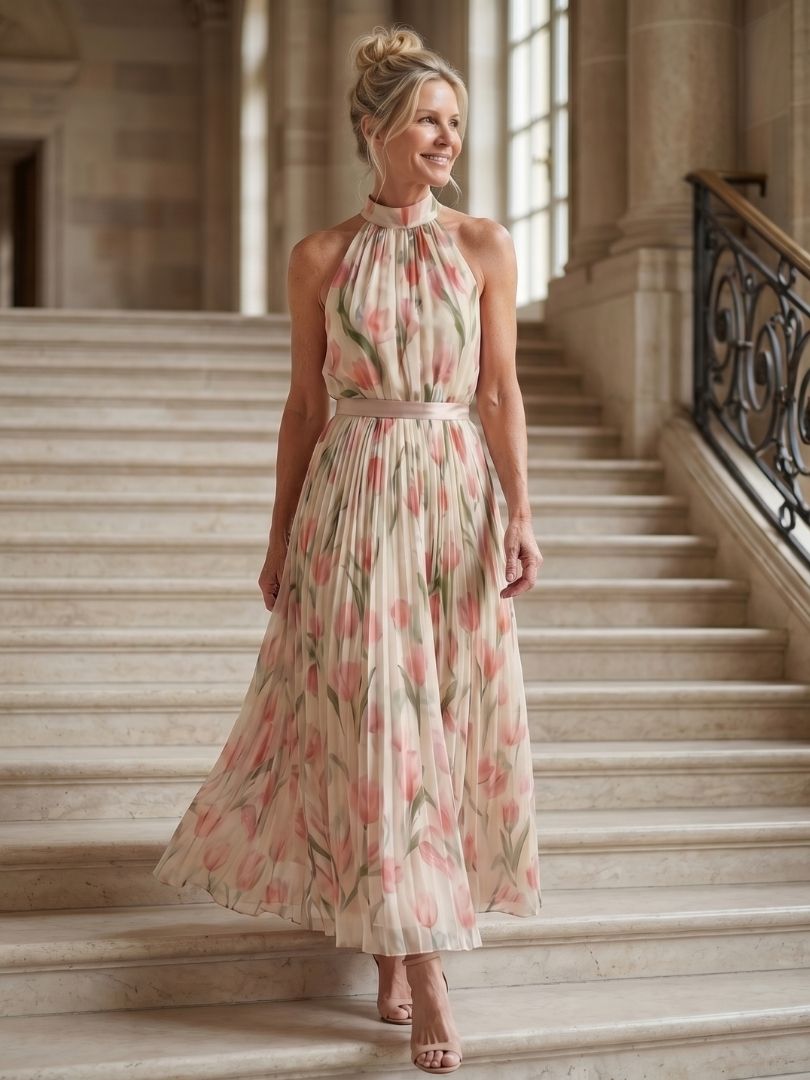 Aurelle | Midi-jurk met halternek en bloemenprint