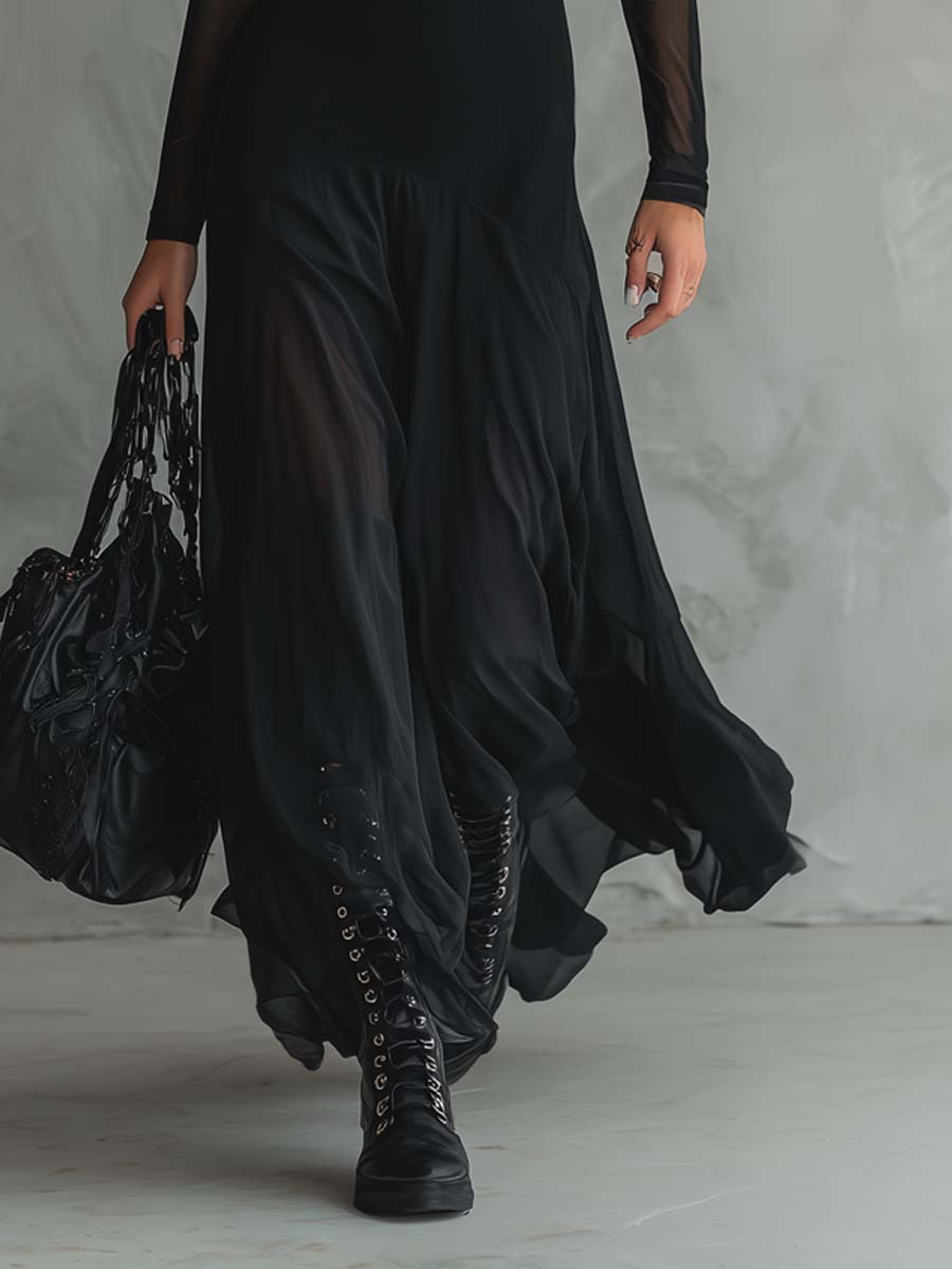 Natalia | Lange, losse zwarte tule jurk