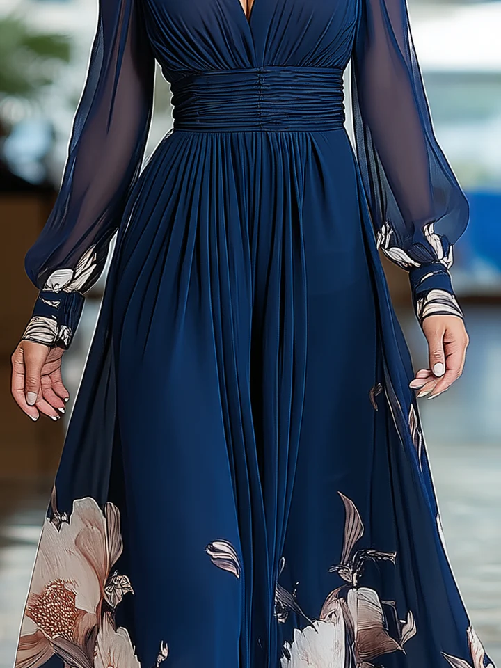 Céleste™ | Donkerblauwe Maxi Jurk met Tule Mouwen
