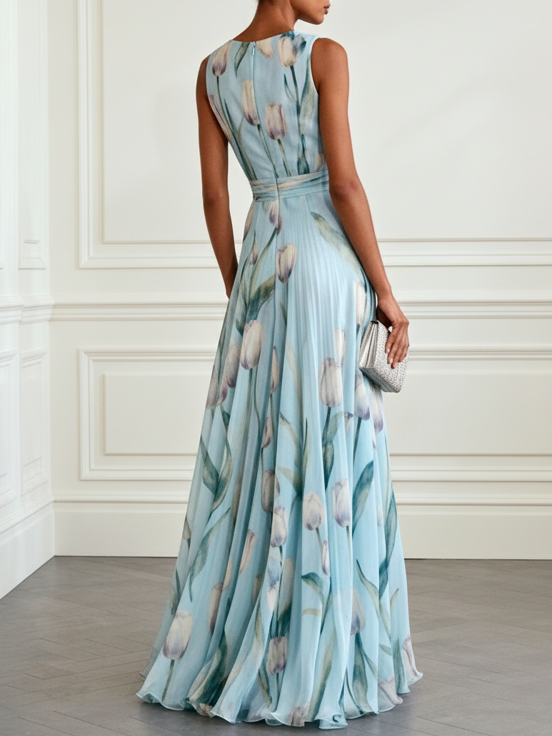 Claire™ | Lichtblauwe Maxi Jurk met Bloemenprint