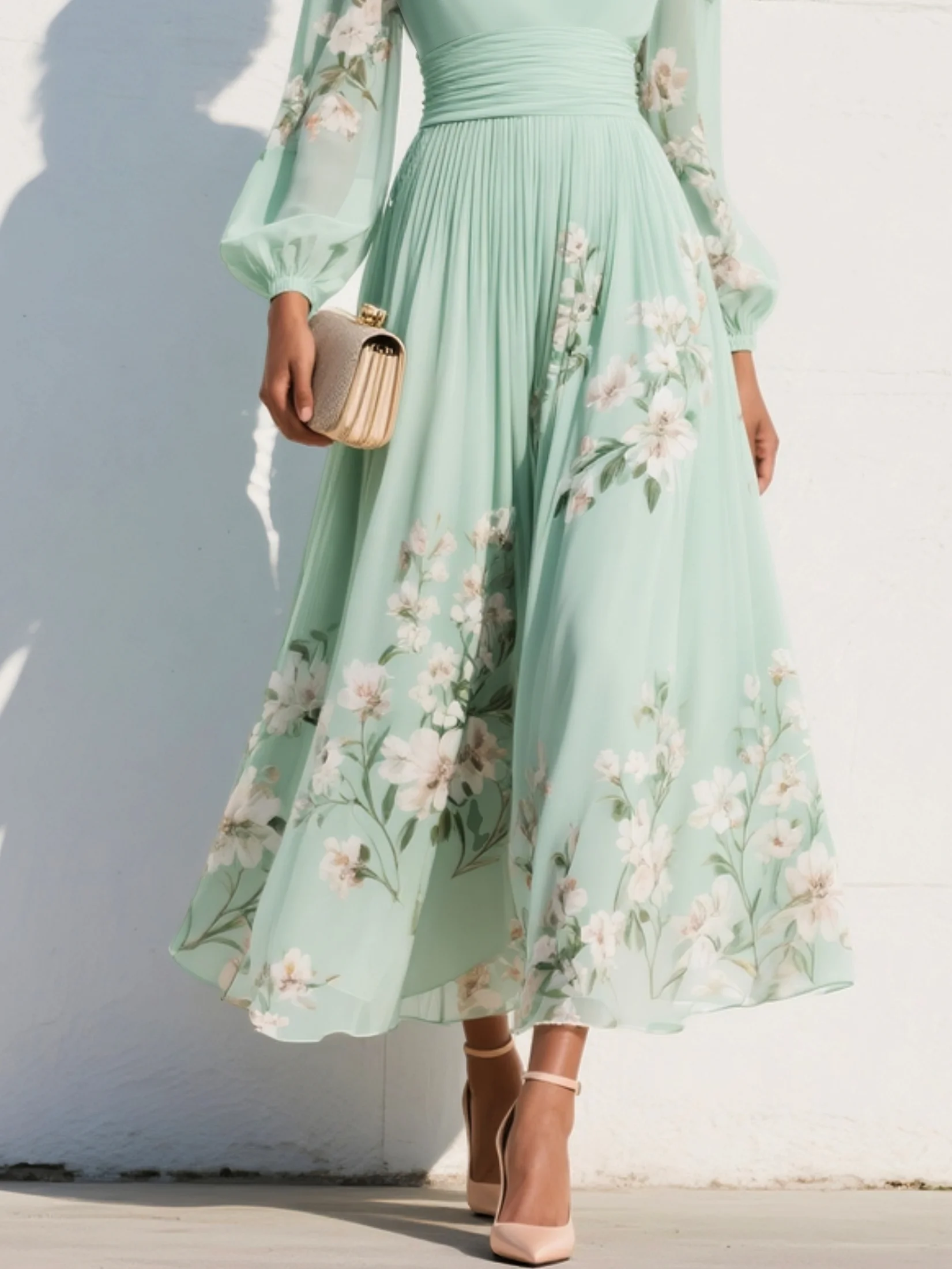 Mirelle™ | Lichtgroene Maxi Jurk met Plooien