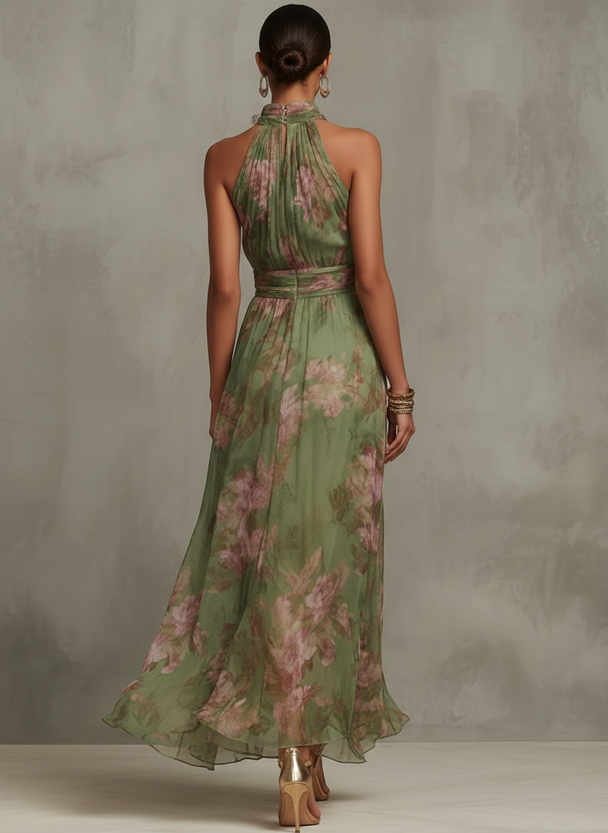 Florine™ | Groene Halter Maxi Jurk met Bloemenprint