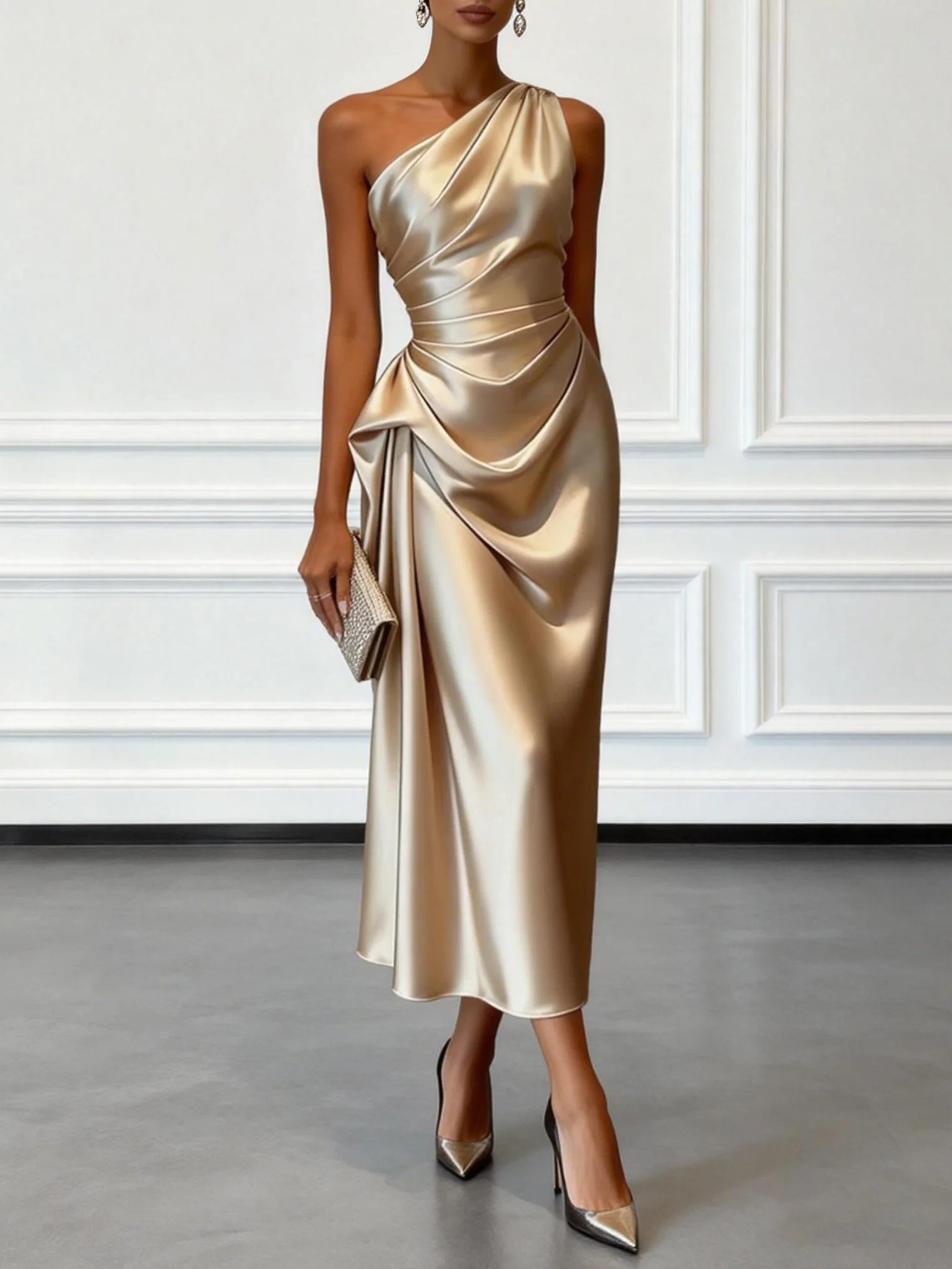 Céline™ | Champagne Satijnen Midi Jurk