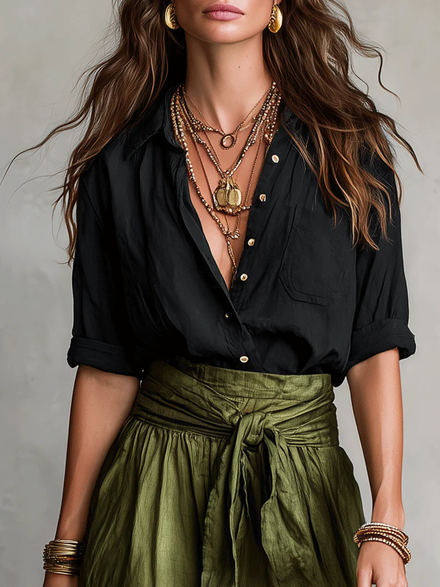 Zwarte Shirt En Olijfgroene Midi Rok Twee-delige Set