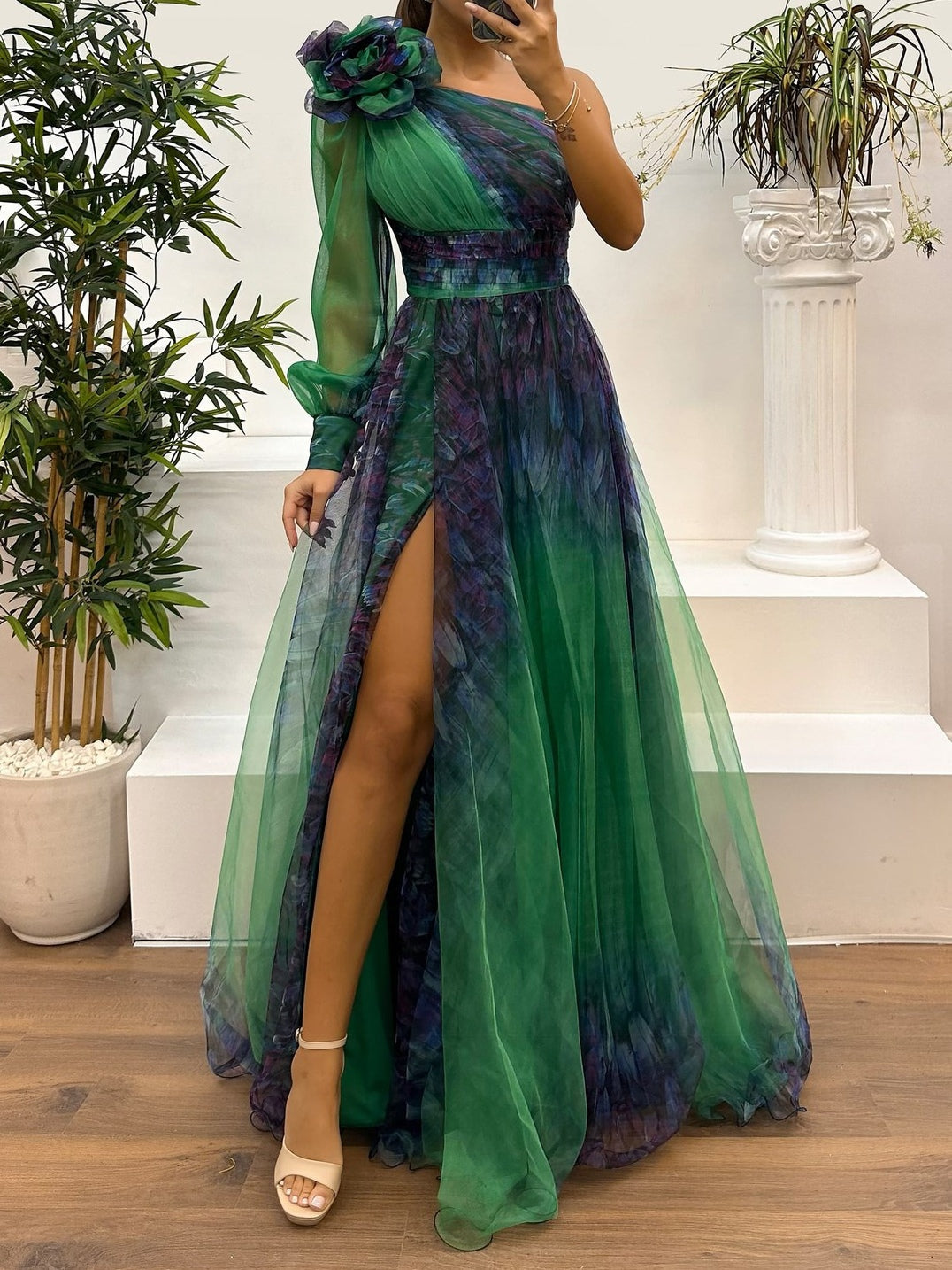 Élodie™ | One-Shoulder Maxi Jurk met Print