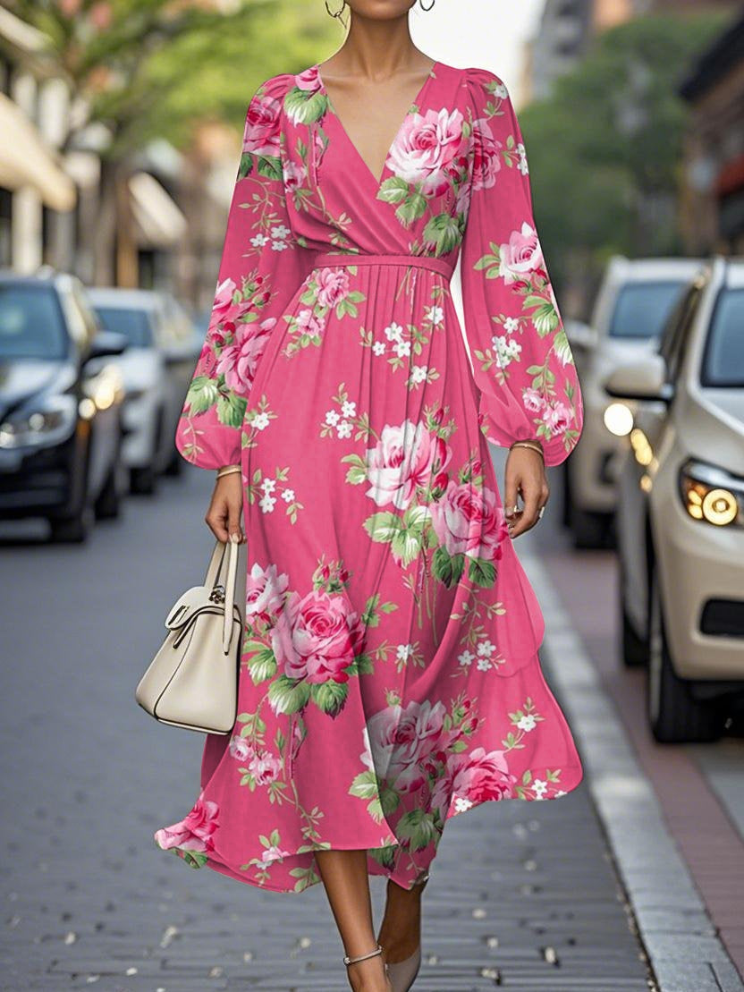 Claire™ | Midi Jurk met V-Hals en Bloemenprint