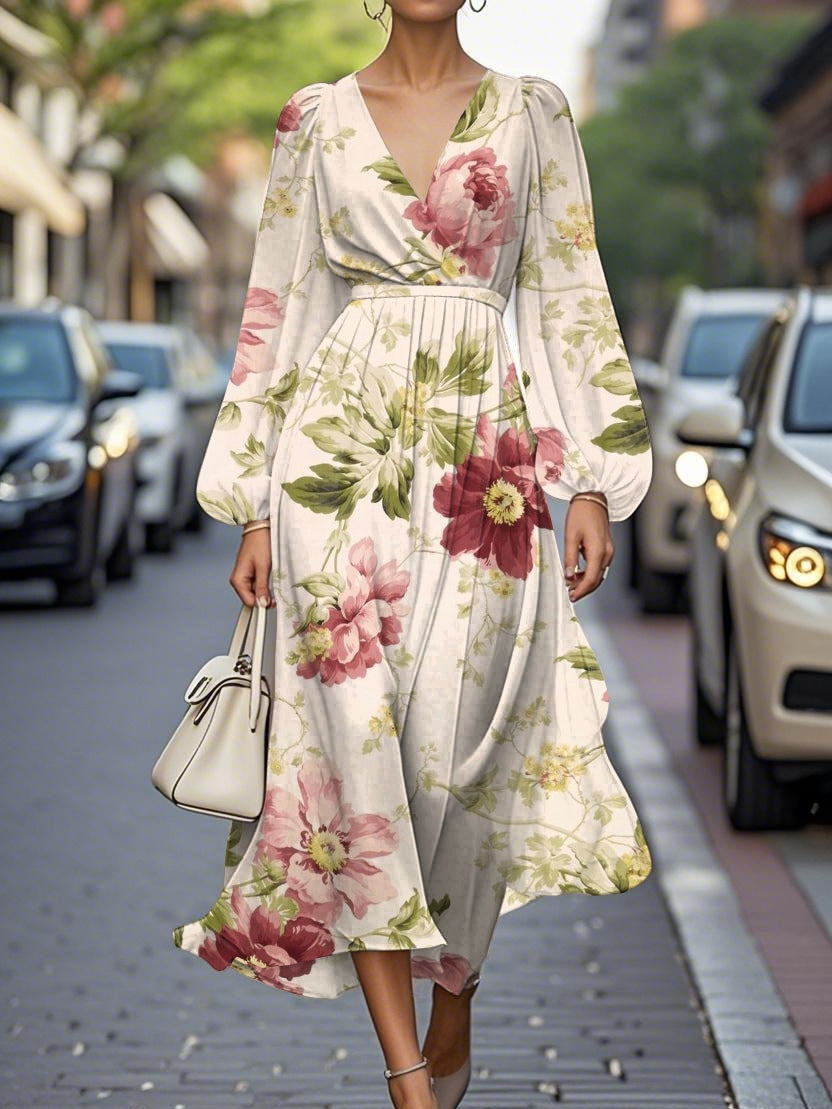 Claire™ | Midi Jurk met V-Hals en Bloemenprint