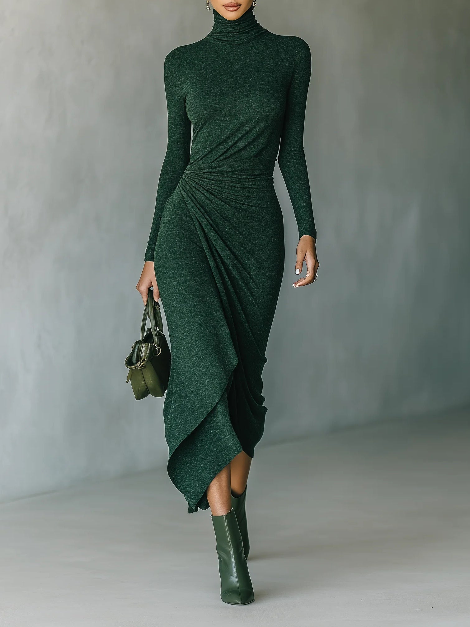 Gabriela | Midi jurk met asymmetrische wikkeling, plooien en hoge hals in donkergroen