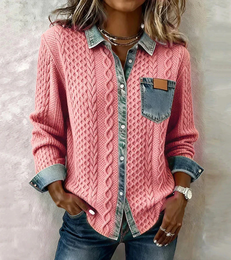AMBRA - Trui in Patchwork met Denim Details