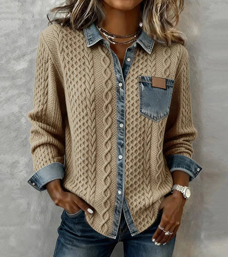 AMBRA - Gebreide Patchwork Top met Denim Details