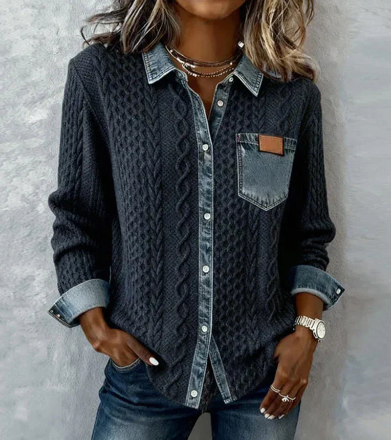 AMBRA - Gebreide Patchwork Top met Denim Details
