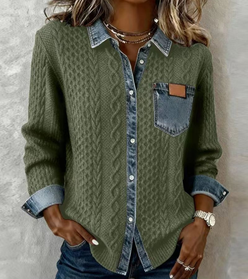 AMBRA - Trui in Patchwork met Denim Details