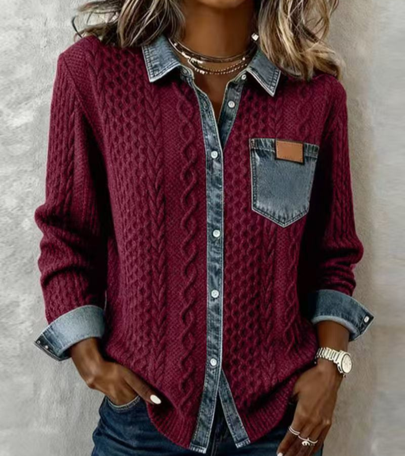 AMBRA - Trui in Patchwork met Denim Details