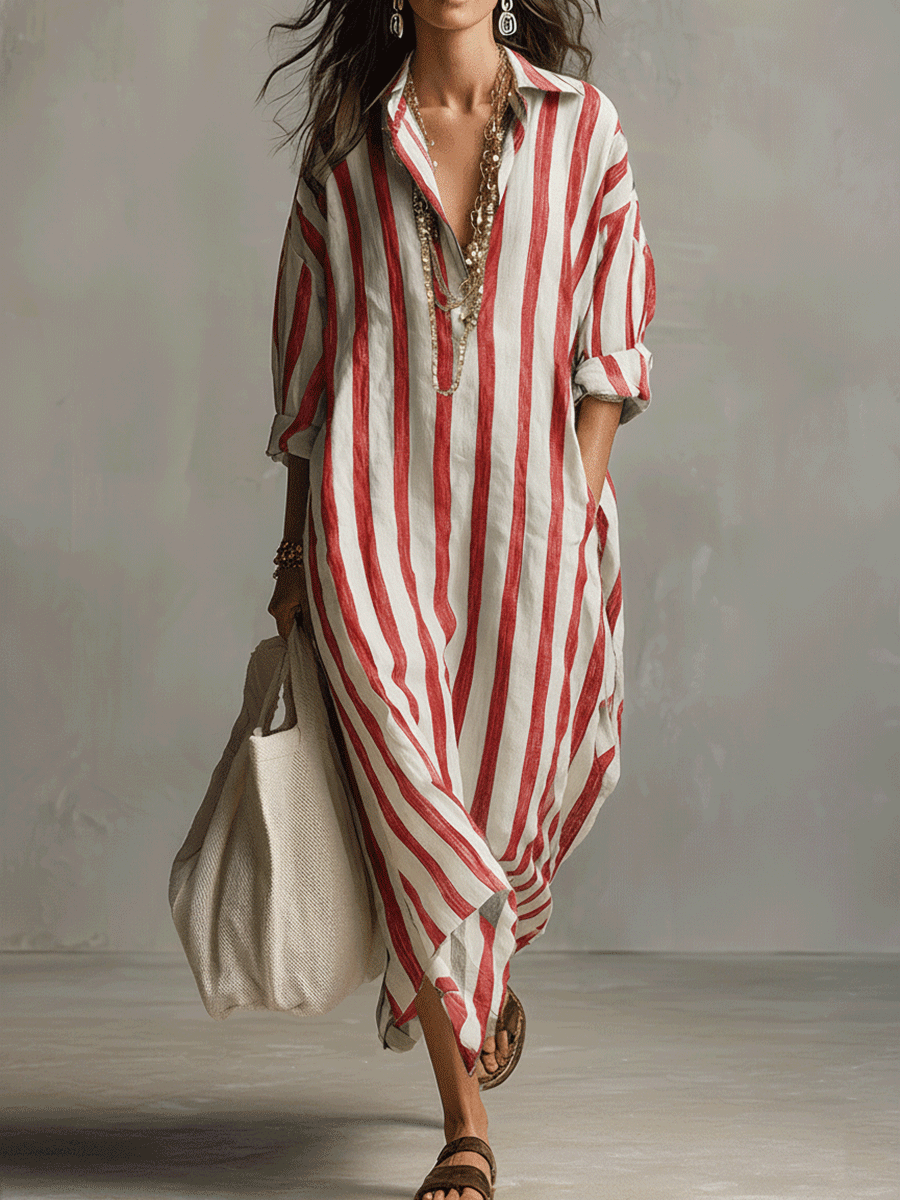 Casual Gestreepte Shirt Bohemian Stijl Maxi Jurk