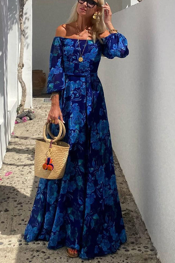 Francesca - Lange jurk met bloemenprint en off-the-shoulder mouwen