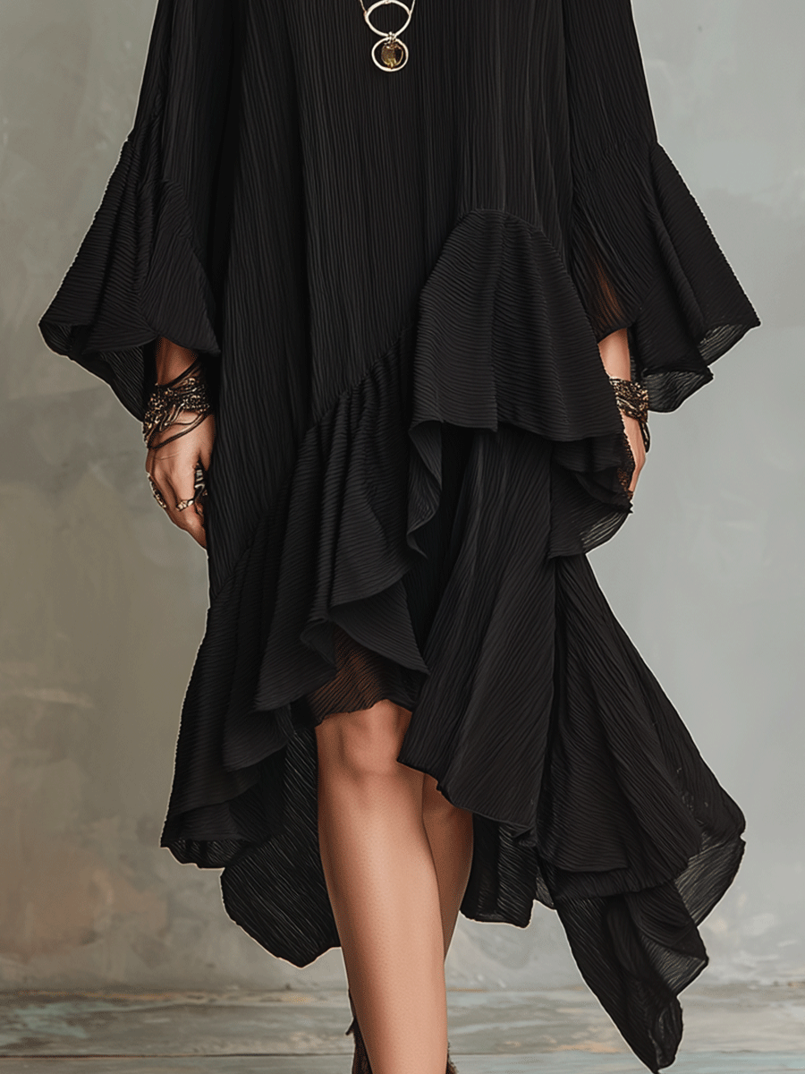 Elegante Asymmetrische Rimpel Zwarte Boho Midi Jurk