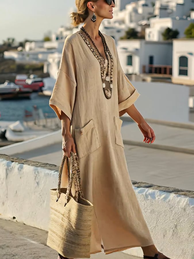Ladies Solid Color Big Pocket Dress