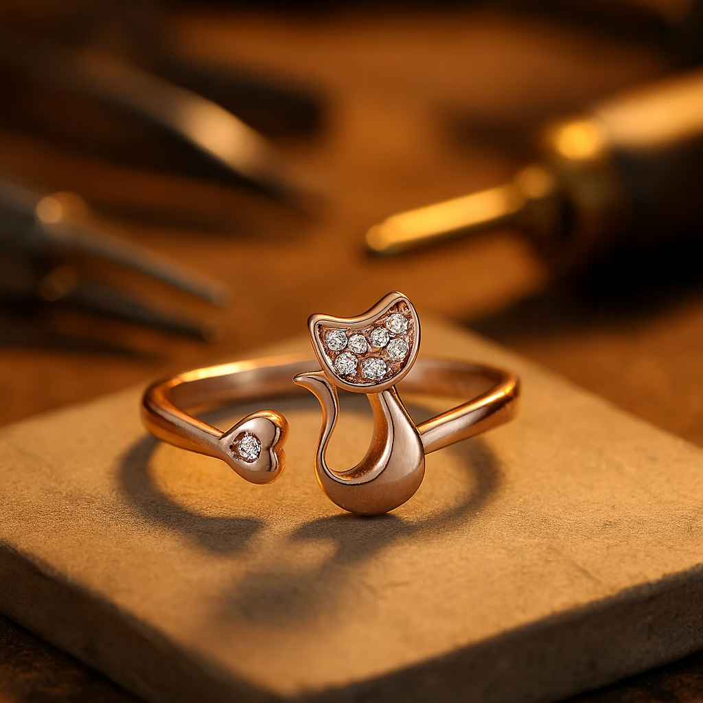 Open ring met schattige kat – Zirkonia