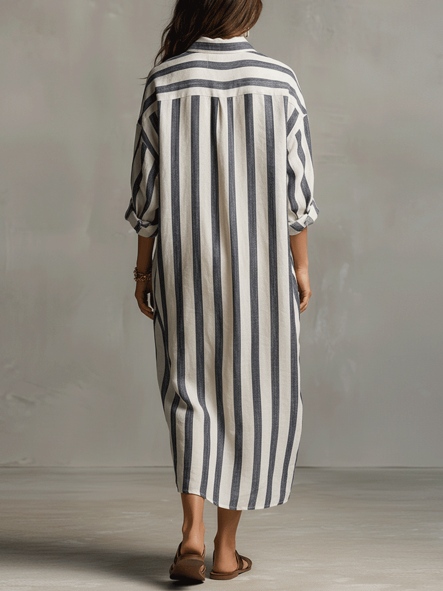 Casual Gestreepte Shirt Bohemian Stijl Maxi Jurk