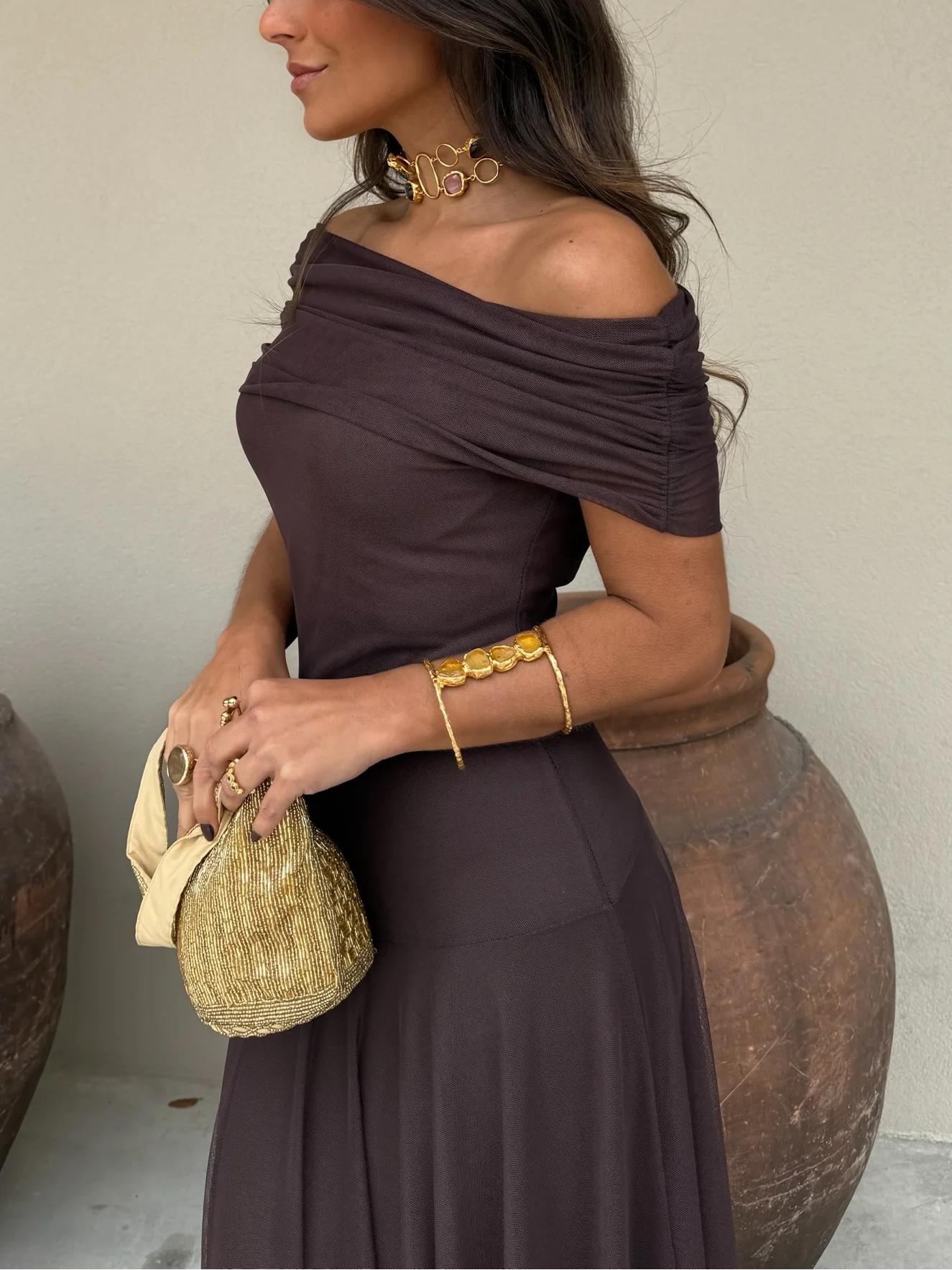 Noémie™ | Bruine One-Shoulder Maxi Jurk
