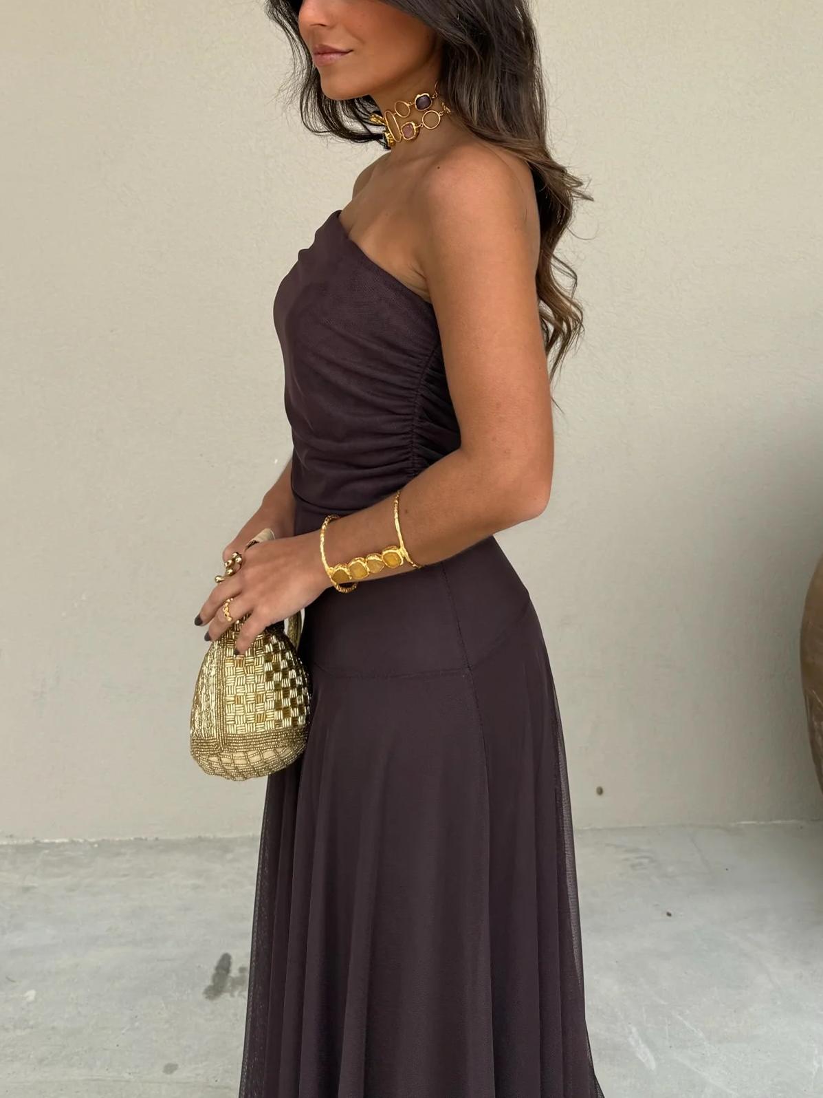 Noémie™ | Bruine One-Shoulder Maxi Jurk