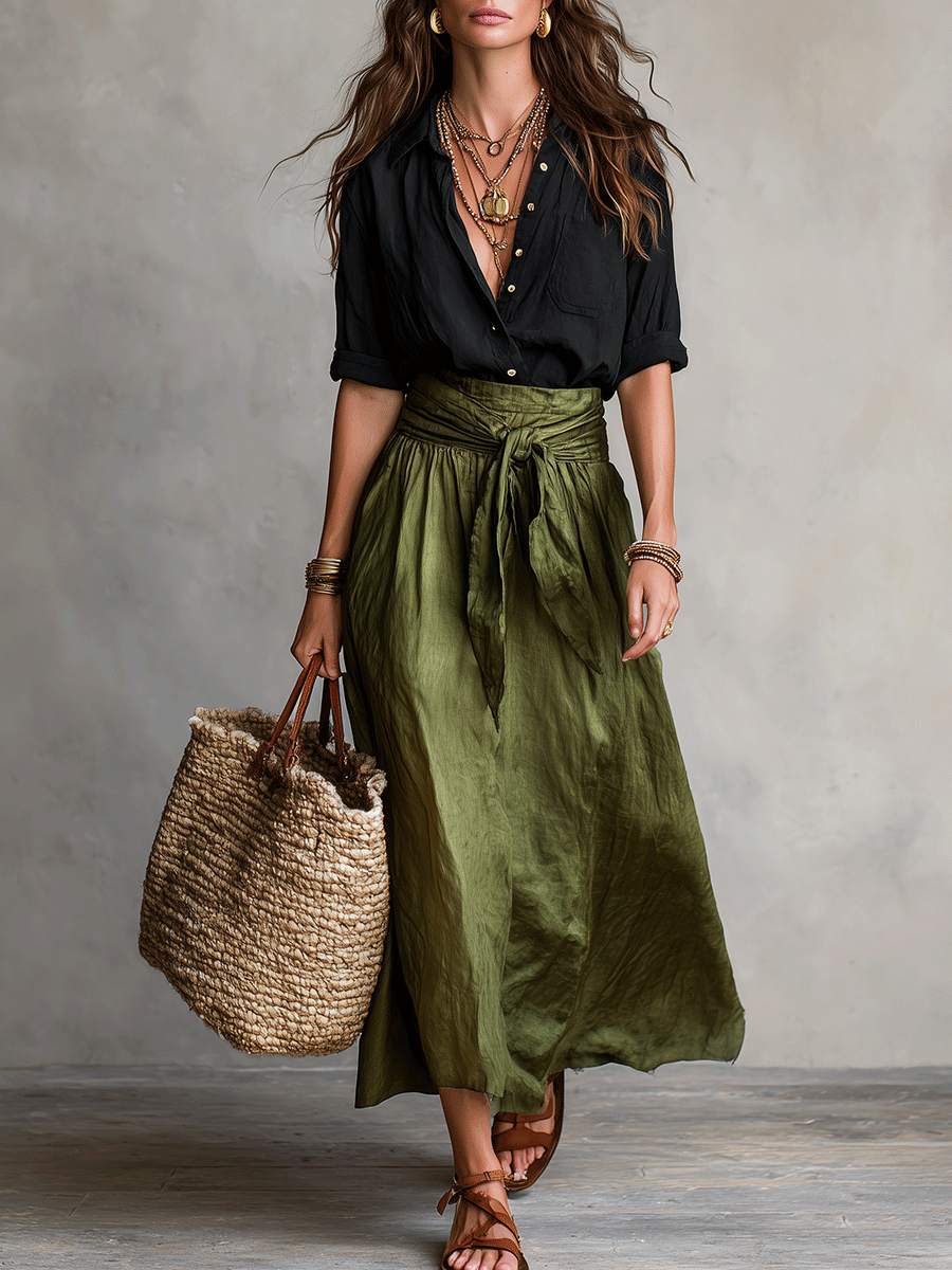 Moeiteloze Boho Zwarte Blouse & Olijf Midi Rok Set