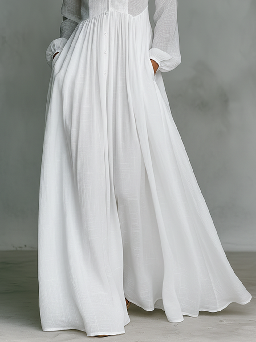 Elisa | Maxi minimalistische katoen en linnen jurk met patchwork, hoge hals en lange mouwen