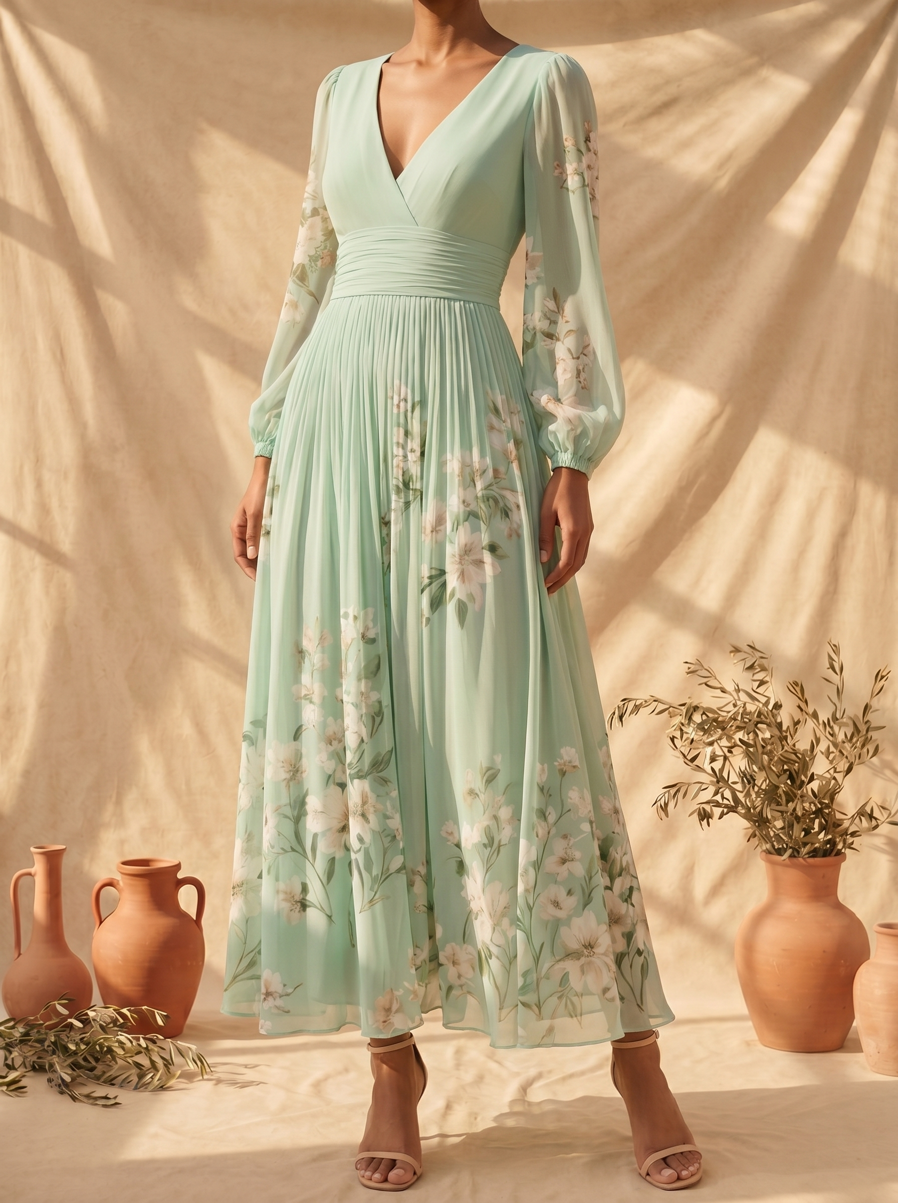 Cisella | Lichtgroene bloemen midi jurk