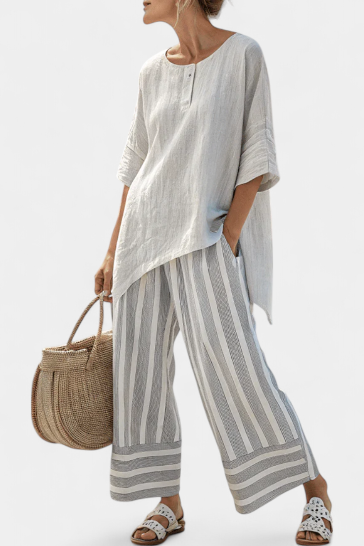 Talvora | Elegante Asymmetrische Blouse en Gestreepte Broek