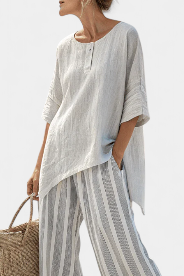 Talvora | Elegante Asymmetrische Blouse en Gestreepte Broek