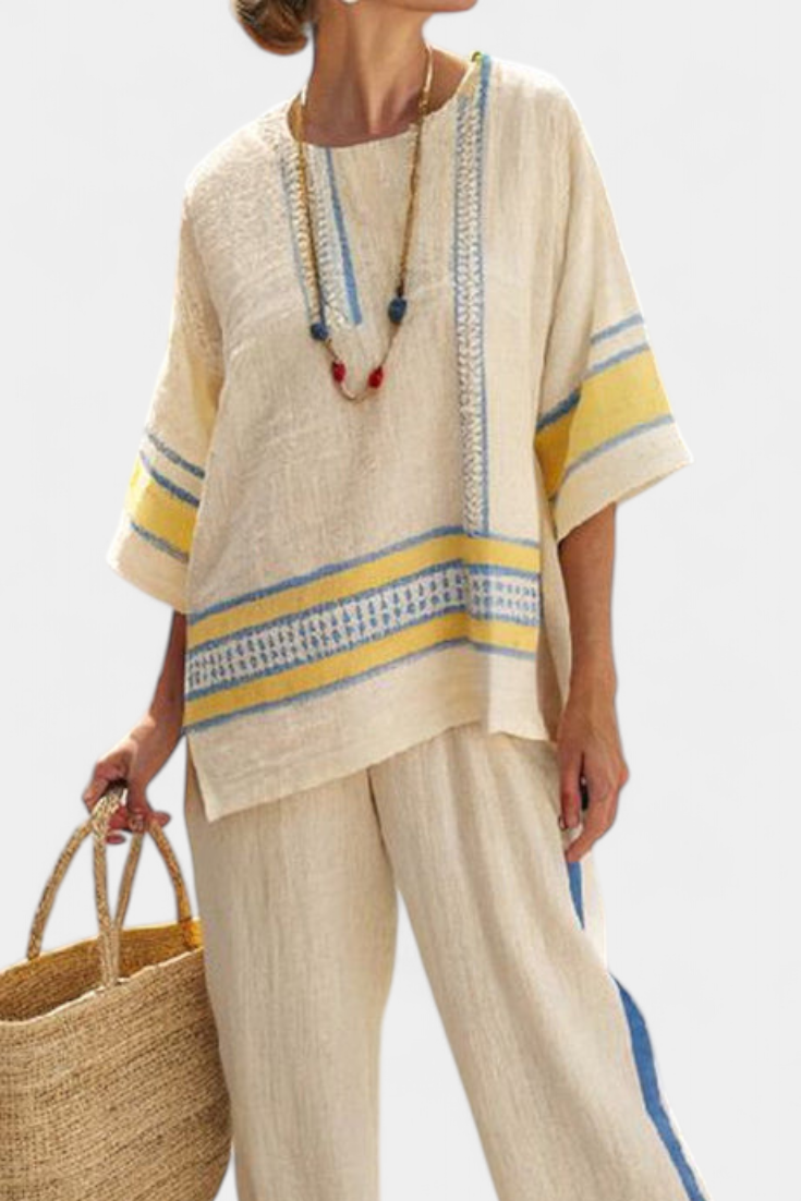 Jaxmere | Comodo Top Mediterraneo Blauw-Geel & Linnen Broek