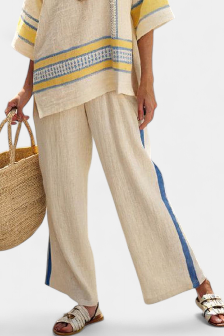 Jaxmere | Comodo Top Mediterraneo Blauw-Geel & Linnen Broek