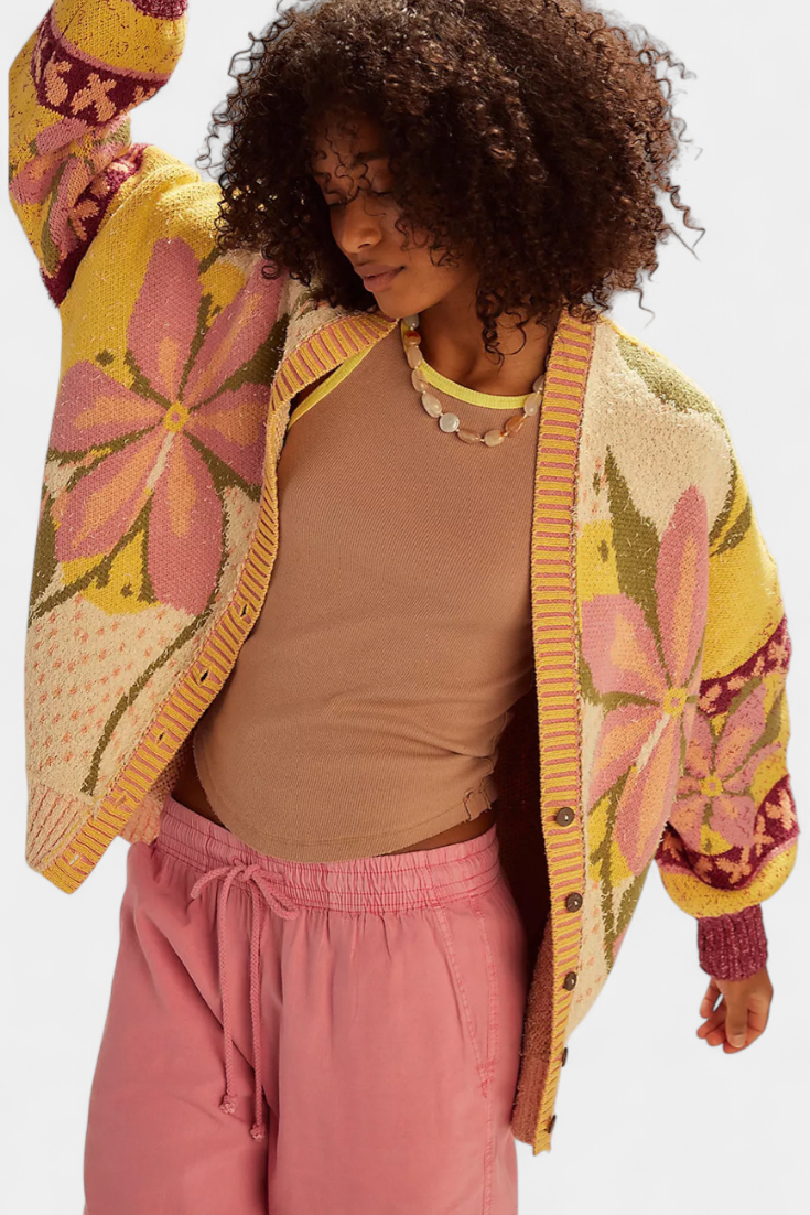 Casey | Gebreide Cardigan met Bloemenpatroon en Losse Pasvorm