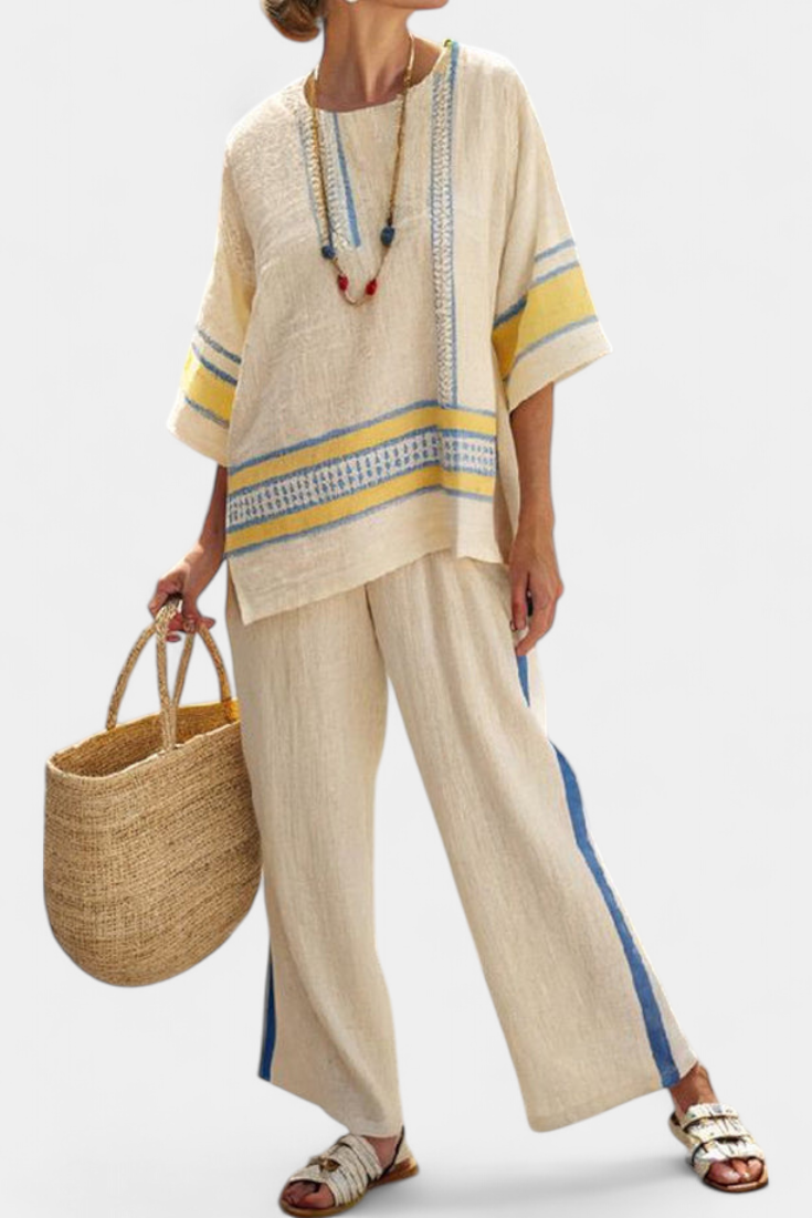 Jaxmere | Comodo Top Mediterraneo Blauw-Geel & Linnen Broek