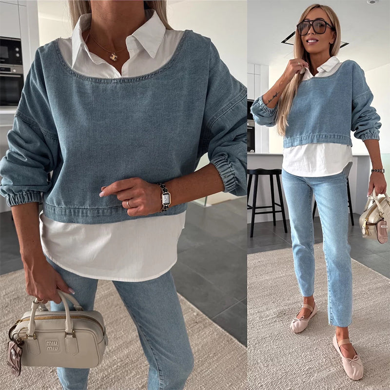 Modieuze twee-delige set bestaande uit een lange mouwen spijkerblouse en een broek voor vrouwen