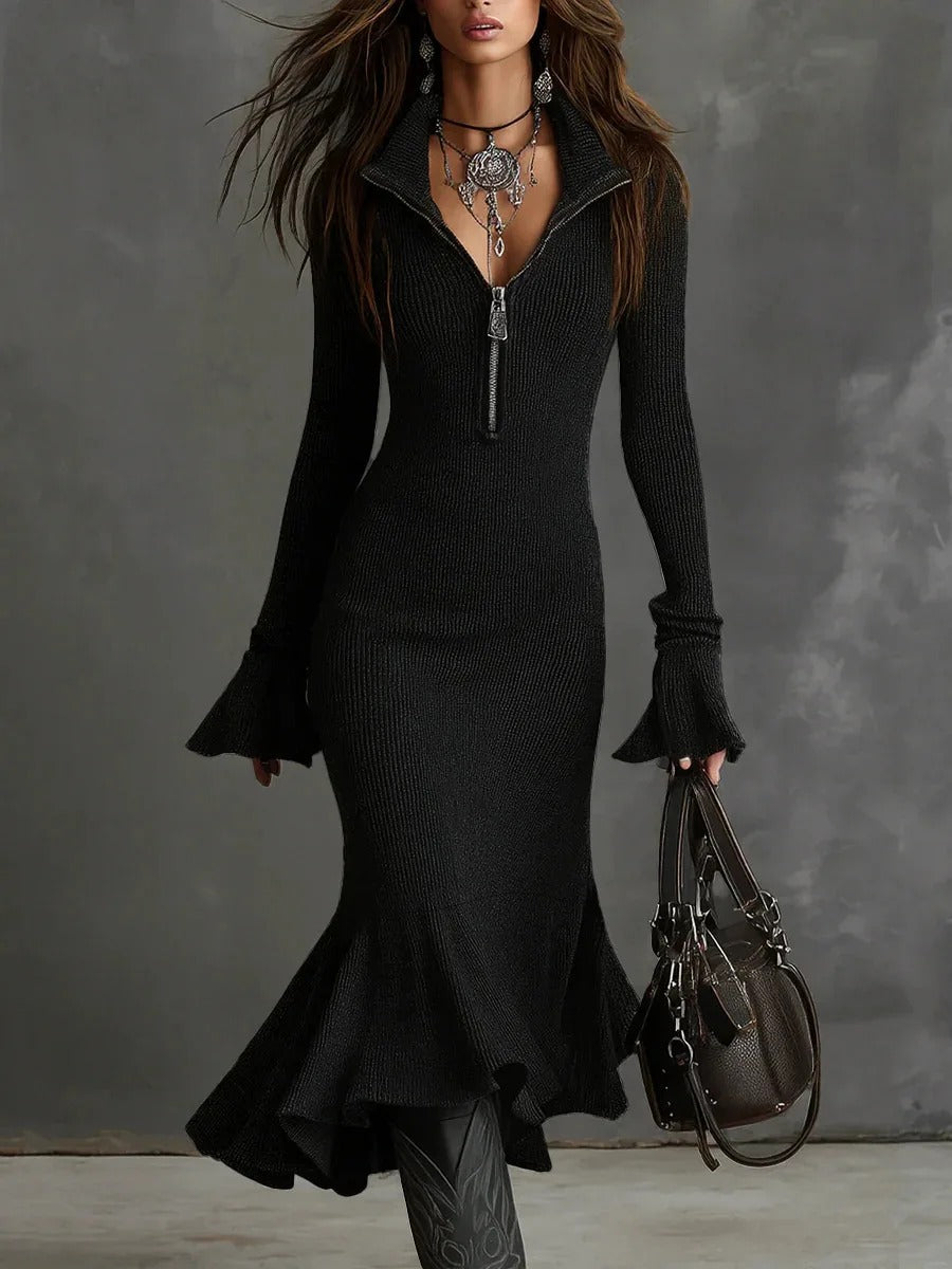 De Sienna Zip-Collar Geribbelde Trui Jurk